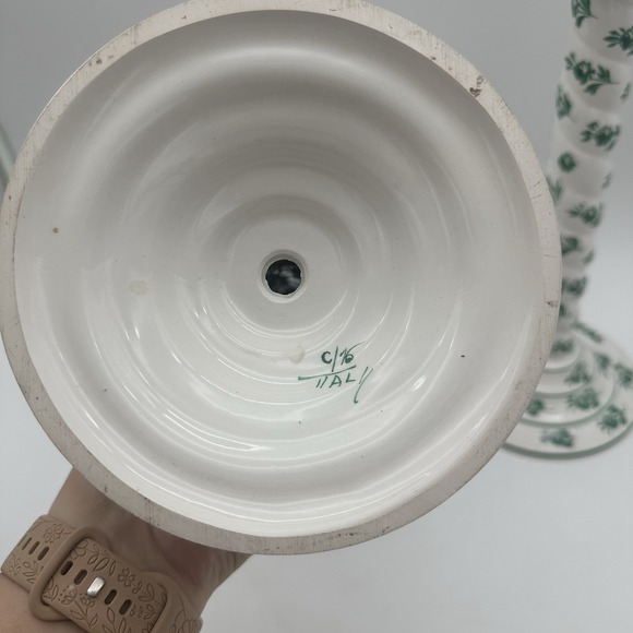Italy White And Green Flower Tall Candle Stick Holder 13x6" Traditional Home Dec - Picture 3 of 7